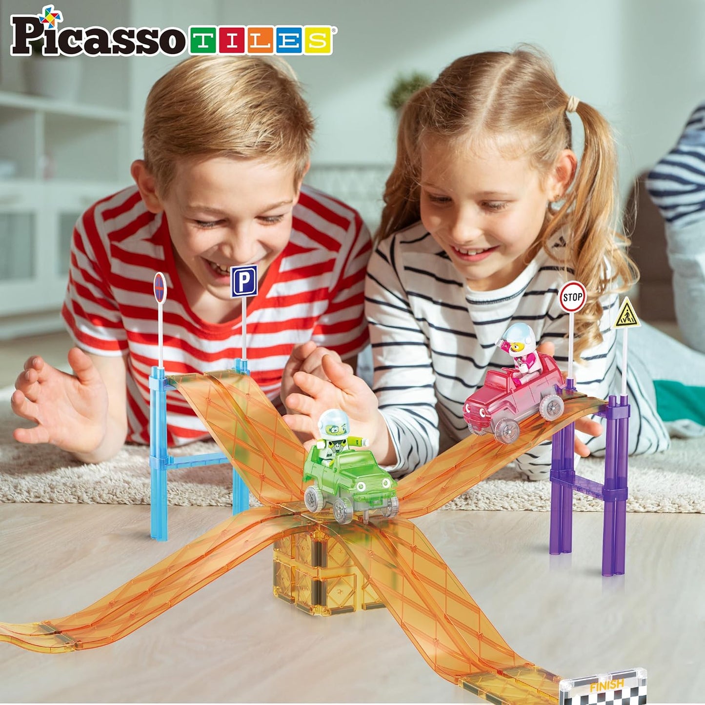 PicassoTiles 50pc Racecar Track Magnetic Tiles Educational Kids Toy with 2 Light Up Trucks STEM Preschool Learning Magnet Tile Toddler Toys Boys Girls Ages 3+ Blocks Game Puzzles Build Playset PTR50