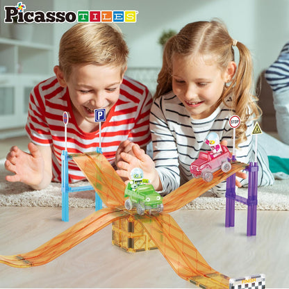 PicassoTiles 50pc Racecar Track Magnetic Tiles Educational Kids Toy with 2 Light Up Trucks STEM Preschool Learning Magnet Tile Toddler Toys Boys Girls Ages 3+ Blocks Game Puzzles Build Playset PTR50
