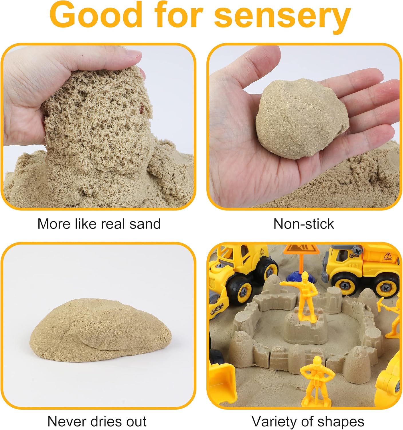 Sand Construction Kit,Sandbox,2.2lbs Magic Sand W/4 Take Apart Construction Trucks,Tower Crane,8 Sand Molds,4 Worker Figures,4 Road Signs,Toys for Boys Girls Age 4-8 Yellow,Brown