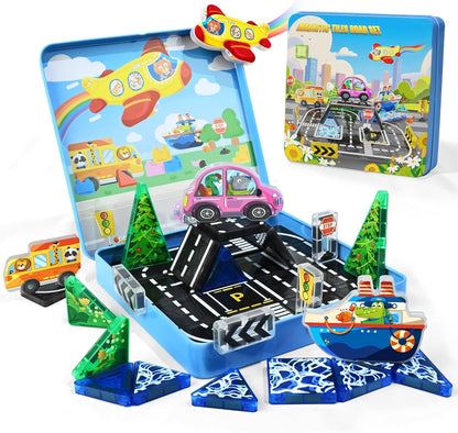40PCS Mini Magnetic Tiles – City Road Building Blocks Set in Iron Case, Portable STEM Travel Toys for Toddlers, Quiet On-the-Go Activities & Preschool Learning for Kids