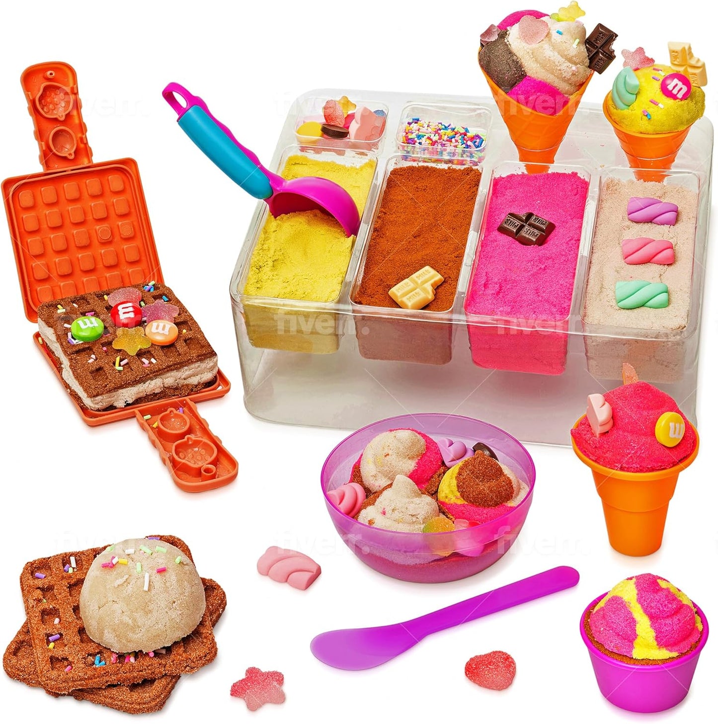 Kipipol Sensory bin - 29 pcs Ice Cream Toy Shop Play Sand Kit with 9 Ice Cream Sand Toys, 1.7 LB Moon Sand for Kids, Sandbox with A Lid - Pretend Play Sensory Toys for Girls and Boys Age 3-5 and Up