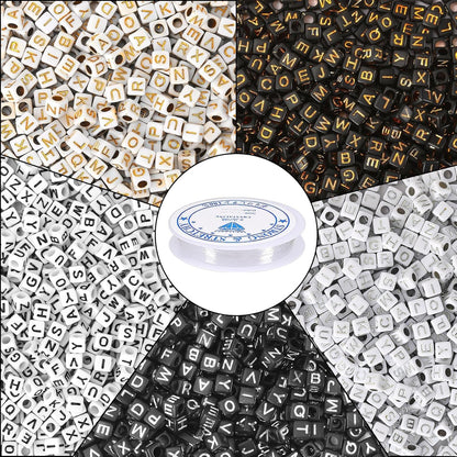Letter Beads, Augshy 1400 Pcs Morandi Cube Alphabet Bead,Square Letter Beads with 1 Roll 10M Crystal String Cord (6mm)