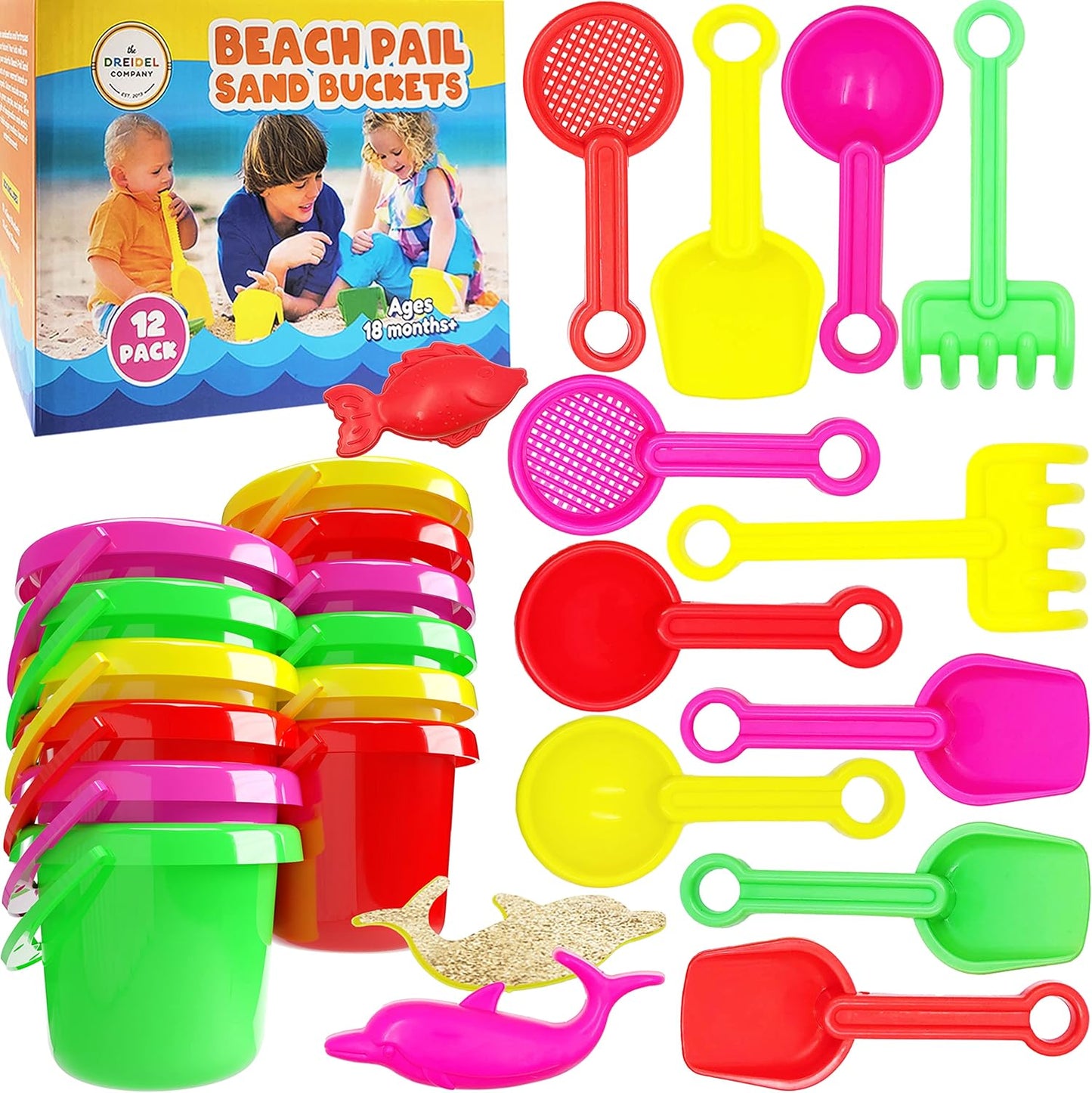 The Dreidel Company Mini Beach Day Playsets (Pack of 6) 3.25" Sand Bucket Play Set Box Includes, Pail, Shovel, Rake, Sifter Scoop, Dolphin Fish Sand Trays Toy for Boys and Girls Birthday Party Favor