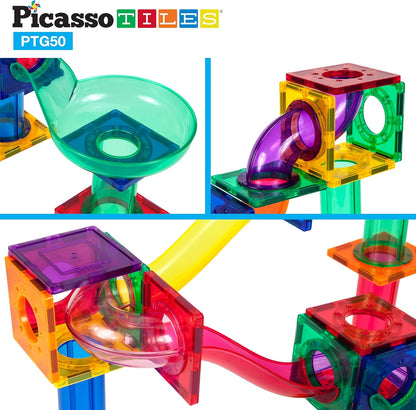 PicassoTiles 50PC Marble Run Race Track + 4PC LED Light-Up Glow in The Dark Translucent Balls: STEAM Educational Playset for Kids - Fun Learning Construction Toy, Creative Design, Sensory Development