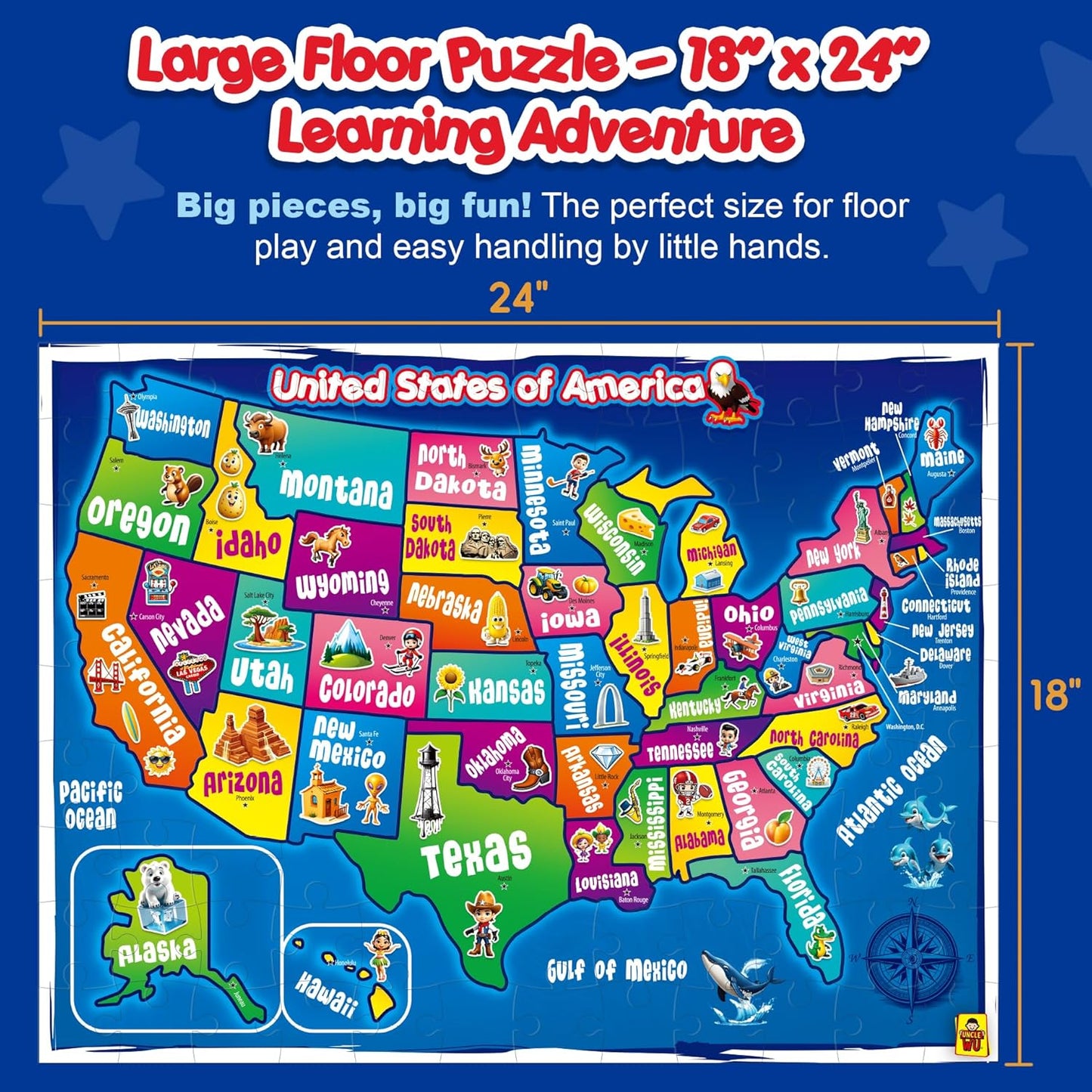 United States Map Puzzle for Kids Ages 4-8 - 103 Piece USA Geography Floor Jigsaw with State Shaped Pieces, Large 18x24 Educational Learning Toy – Each State is Individual Flat Piece