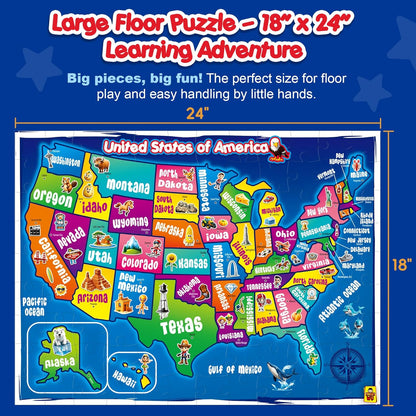 United States Map Puzzle for Kids Ages 4-8 - 103 Piece USA Geography Floor Jigsaw with State Shaped Pieces, Large 18x24 Educational Learning Toy – Each State is Individual Flat Piece