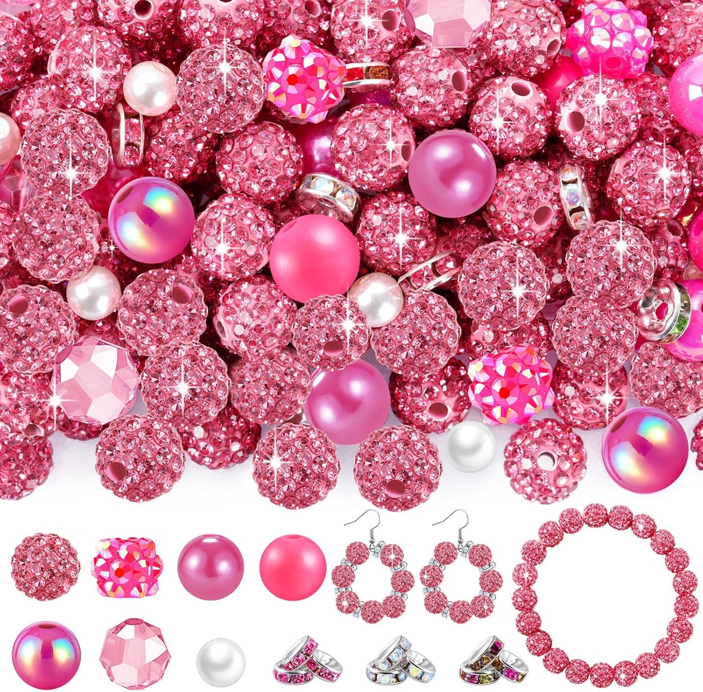 300 Pcs Diamonds Beads for Jewelry Making, Included 10 mm Red Rhinestone Beads for Bracelets, Bubblegum Bead for Pen Making, Pearl and Spacer Bead for Bracelet Necklace Earring Crafting