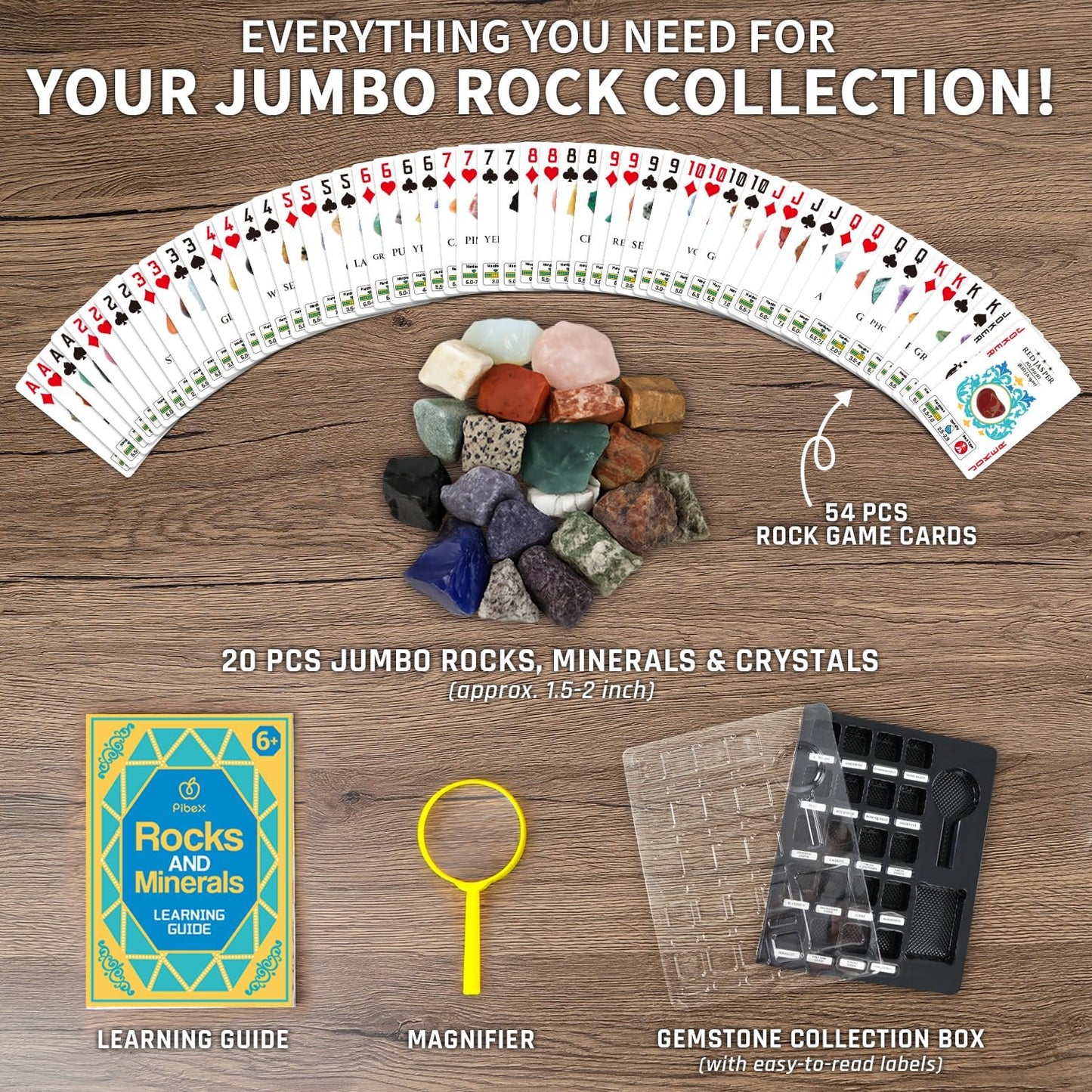 PIBEX Rock Collection Starter Kit - 54 Pcs Assorted Gemstones, Crystals, Rocks & Minerals, with Learning Book & ID Cards, Earth Science Kit Toy, A Geology Gift for Kids & Adults Ages 8+