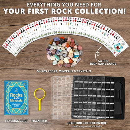 PIBEX Rock Collection Starter Kit - 54 Pcs Assorted Gemstones, Crystals, Rocks & Minerals, with Learning Book & ID Cards, Earth Science Kit Toy, A Geology Gift for Kids & Adults Ages 8+