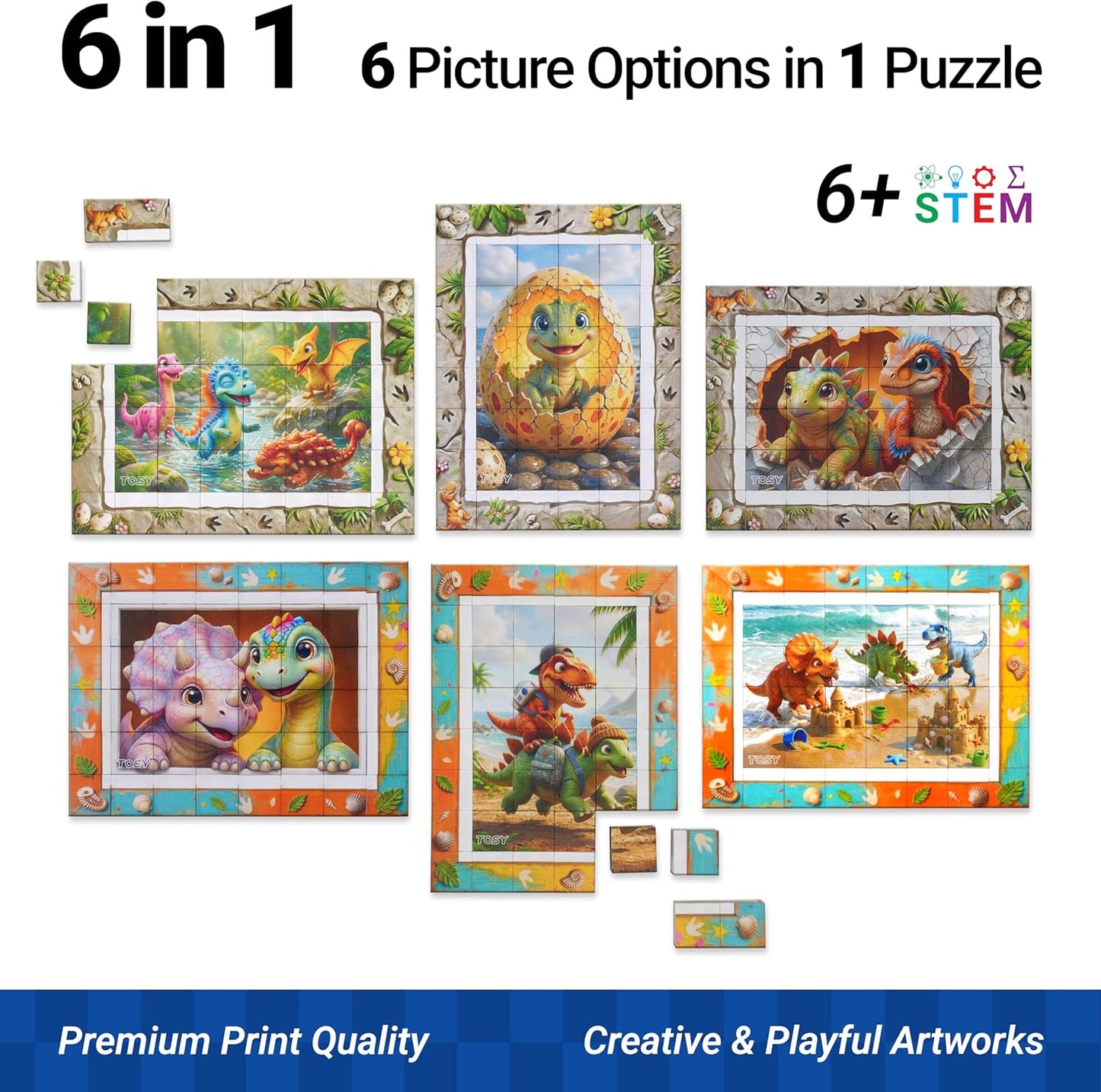 TOSY Picture Cube Cute Dino: 6-in-1 Magnetic Picture Puzzle, Easter Basket Stuffers STEM Gift for Kids & Adults, 48 Blocks, 288 Faces/Magnets, 0.6 in, B021, Seamless UV Art, Display-Ready Frame