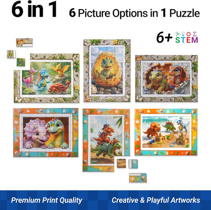 TOSY Picture Cube Cute Dino: 6-in-1 Magnetic Picture Puzzle, Easter Basket Stuffers STEM Gift for Kids & Adults, 48 Blocks, 288 Faces/Magnets, 0.6 in, B021, Seamless UV Art, Display-Ready Frame