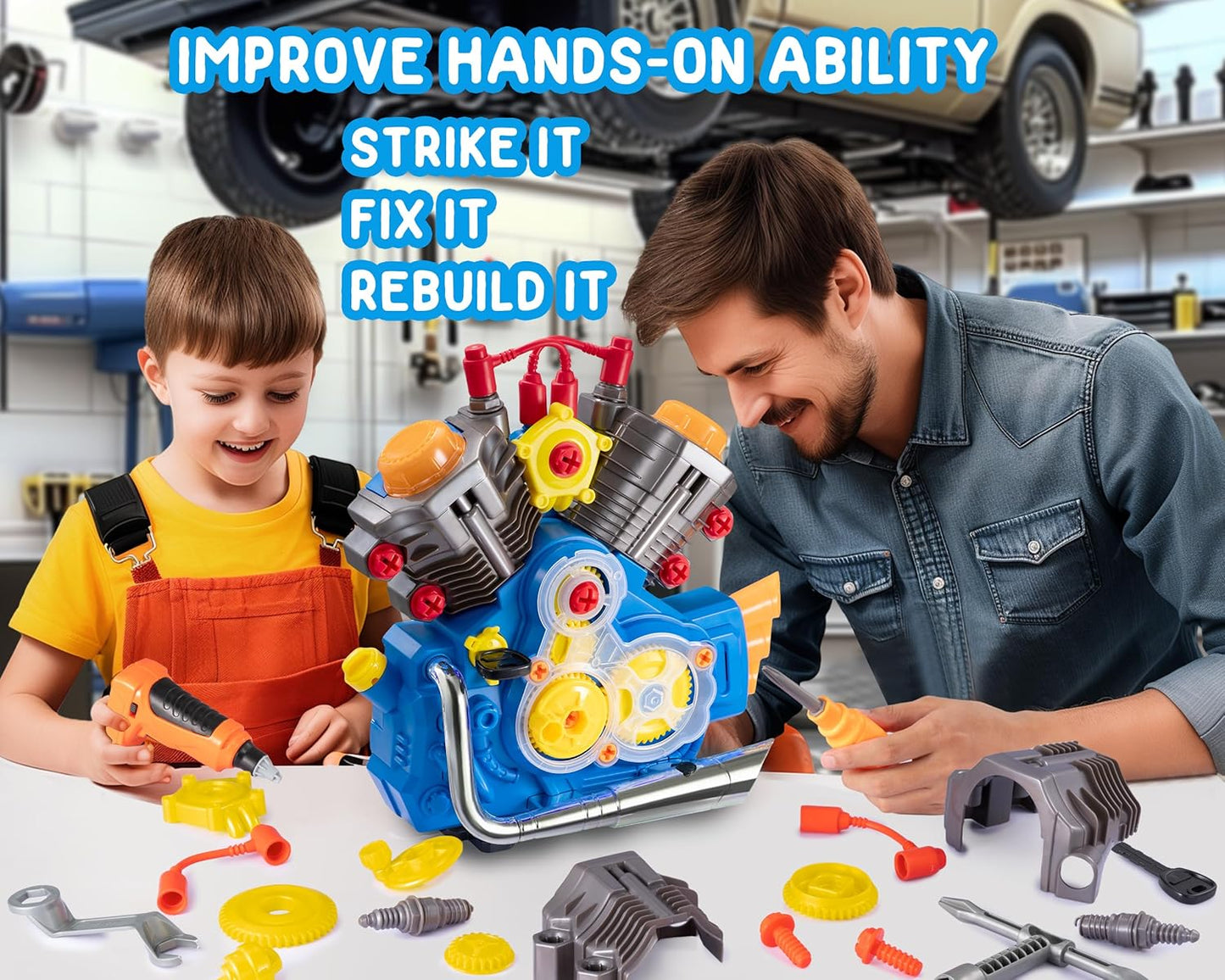 POFJOEQ Engine Building Kit, Kids Mechanic Repair Set for Kids Motorcycle Engine，Take Apart Toys-42pc Playset，STEM Engine Model Kit Toy with Cool Lights&Sounds，Educational Toys for 3+ Year Old (Blue)