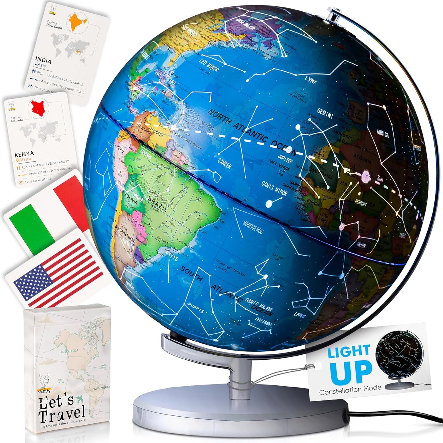 SMART WALLABY 9" Illuminated Educational Kids World Globe + STEM Flags & Countries Interactive Card Game. 3 in 1 Children Desktop Spinning Earth Political & Constellation Maps, LED Night Light Lamp