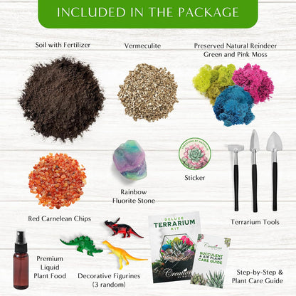 Creations by Nathalie – DIY Large Terrarium Starter Kit with Soil, Moss, Pebbles, Healing Crystal, Tools & Supplies – Terrarium Kit for Adults & Teens, Handcrafted in USA