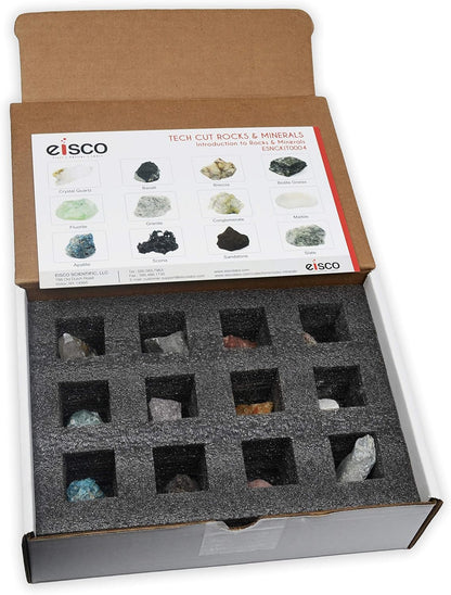 EISCO Rock & Mineral Kit, 12 Pieces - Includes Metamorphic, Igneous, Sedimentary Rocks & Minerals - 1" Specimens - Great for Geology Classrooms & Basic Field Testing Labs - Tech Cut Rocks