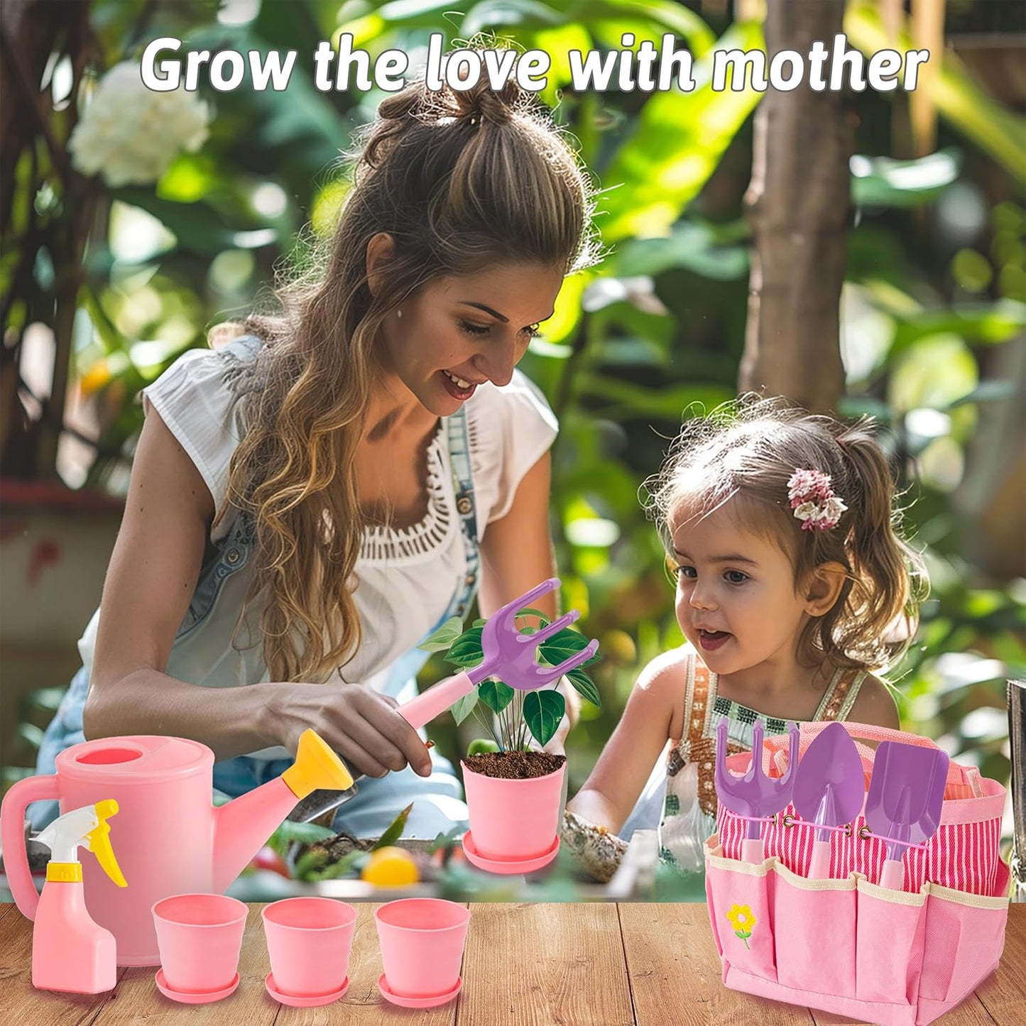 JOI MEW Kids Gardening Tools Set, Garden Toys w/Wooden Handle Alloy Rake,Fork,Trowel, Watering Can,Gloves,Tote Bag,Plant pots, DIY Bookmark Kits, Spring Summer Toy Outdoor Gift for Toddler Boy Girl