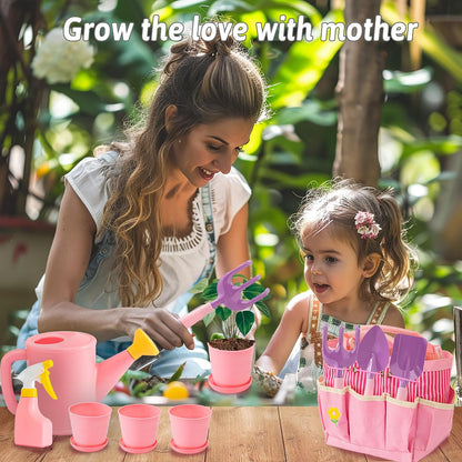 JOI MEW Kids Gardening Tools Set, Garden Toys w/Wooden Handle Alloy Rake,Fork,Trowel, Watering Can,Gloves,Tote Bag,Plant pots, DIY Bookmark Kits, Spring Summer Toy Outdoor Gift for Toddler Boy Girl