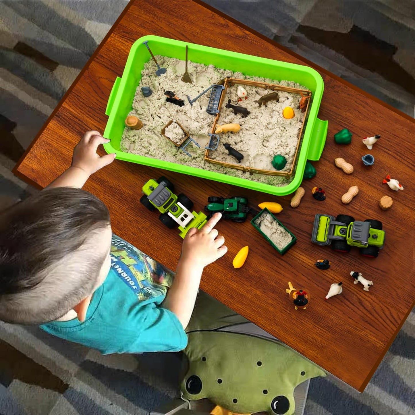 51 PCS Farm Sensory Bin Kids Sandbox with Lid, 2.2 LB Sensory Sand, 40 Toddler Farm, 3 Take Apart Construction Trucks -Sensory for Kids 5-7, 3-4 & Up- Kids Gifts for Boys and Girls