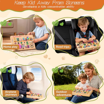flycoost Busy Board with LED Light Switches,Toddlers Montessori Educational Toys for 1 2 3 Years Olds,Wooden Autism Activity Baby Busy Board,Sensory Travel Toys 1+ Year Old Boy&Girl Birthday Gift
