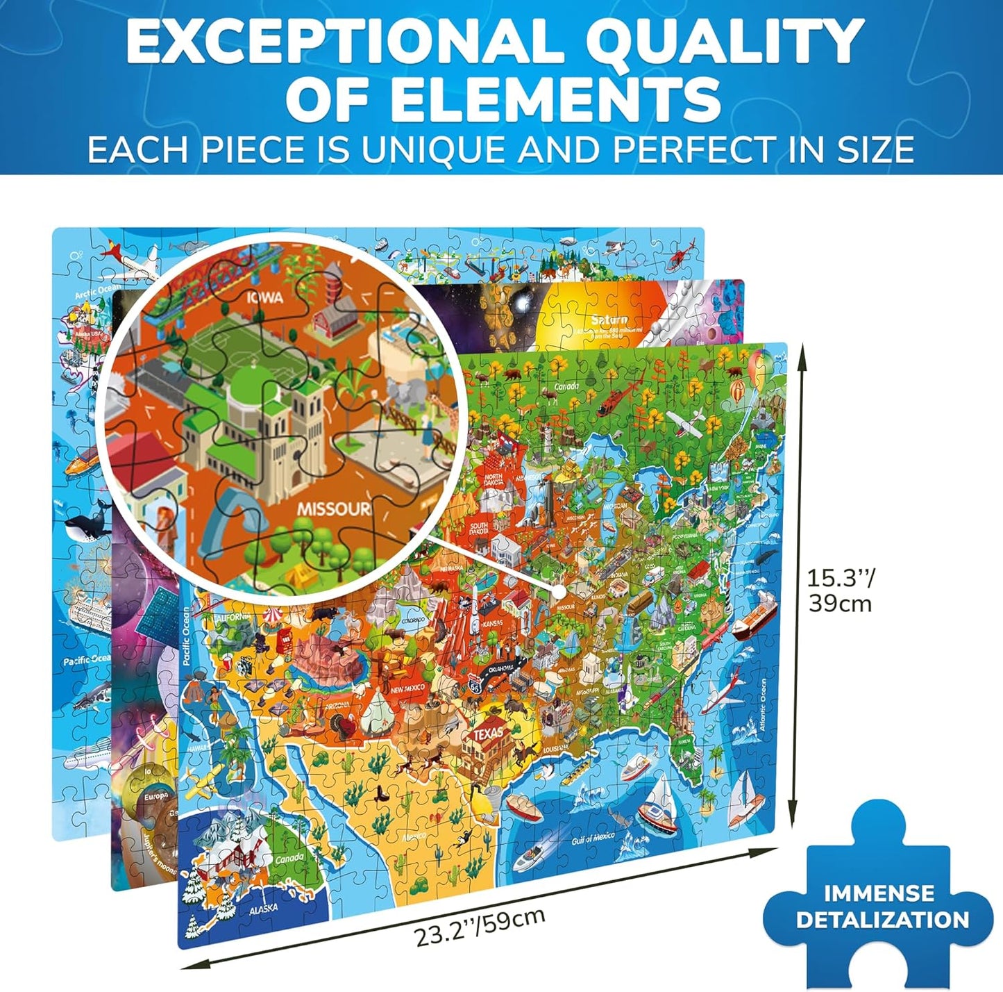 QUOKKA 3X Set Learning Board Games for Kids 8-12 - Educational Trivia Cards Ages 6-8 - Travel United States - World Map - Explore Outer Space - Gift for Children and Teens 4-8 - Jigsaw Puzzles