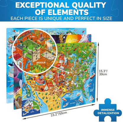 QUOKKA 3X Set Learning Board Games for Kids 8-12 - Educational Trivia Cards Ages 6-8 - Travel United States - World Map - Explore Outer Space - Gift for Children and Teens 4-8 - Jigsaw Puzzles