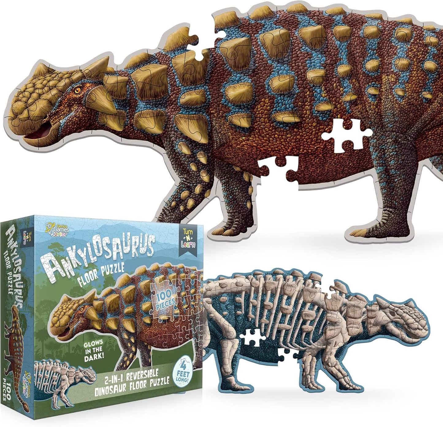 Tyrannosaurus Rex Dinosaur Jigsaw Puzzle | 100-Piece Double Sided Floor Puzzle with Glow-in-The-Dark Skeleton On Other Side | 4 FT Scientifically Accurate Dino Illustration | Educational Toy for Kids