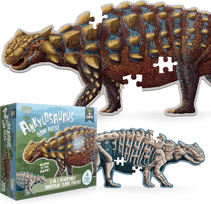 Tyrannosaurus Rex Dinosaur Jigsaw Puzzle | 100-Piece Double Sided Floor Puzzle with Glow-in-The-Dark Skeleton On Other Side | 4 FT Scientifically Accurate Dino Illustration | Educational Toy for Kids