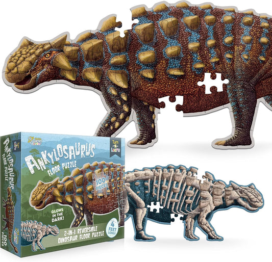 Tyrannosaurus Rex Dinosaur Jigsaw Puzzle | 100-Piece Double Sided Floor Puzzle with Glow-in-The-Dark Skeleton On Other Side | 4 FT Scientifically Accurate Dino Illustration | Educational Toy for Kids