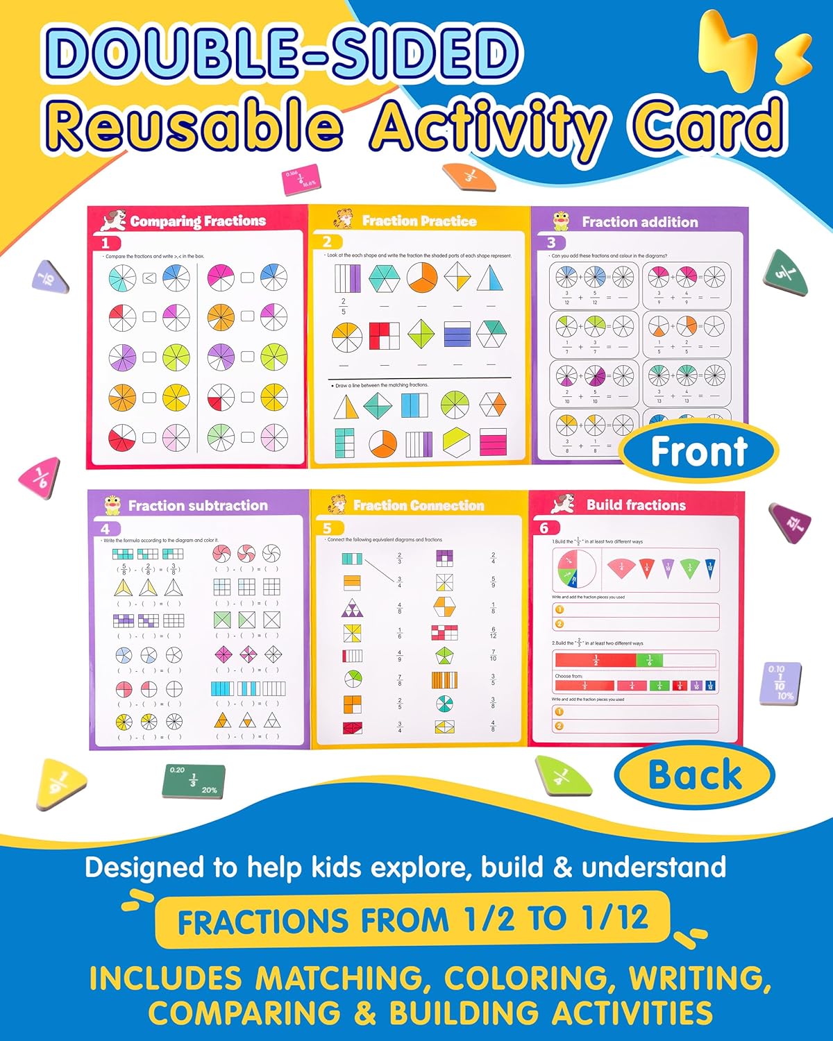 Magnetic Fraction Demonstration Book, Fraction Manipulatives with Magnetic Fraction Tiles & Circles, Montessori Magnetic Fraction Playbook for Hands-On Elementary Math Learning Toys