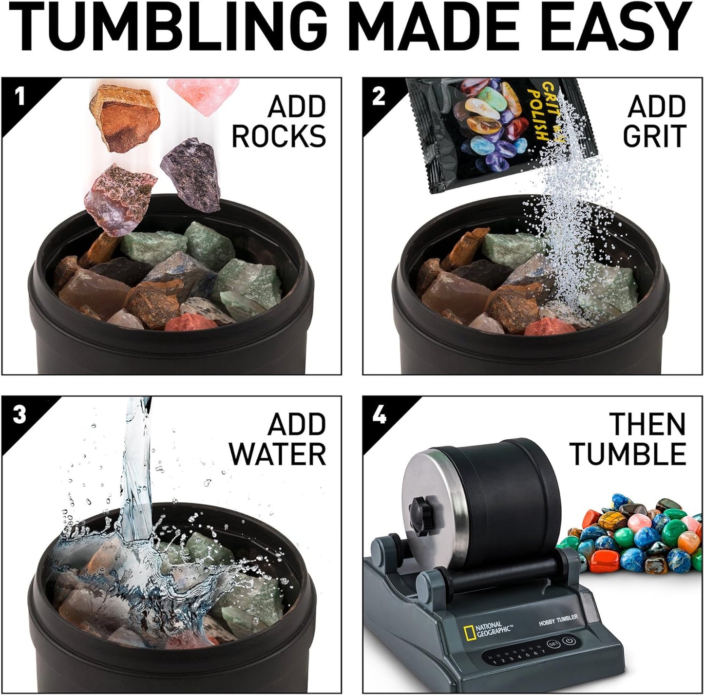 National Geographic Rock Tumbler Kit – Hobby Edition Includes Rough Gemstones, and 4 Polishing Grits, Great STEM Science Kit for Geology Enthusiasts, Rock Polisher for Kids and Adults