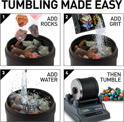 National Geographic Rock Tumbler Kit – Hobby Edition Includes Rough Gemstones, and 4 Polishing Grits, Great STEM Science Kit for Geology Enthusiasts, Rock Polisher for Kids and Adults