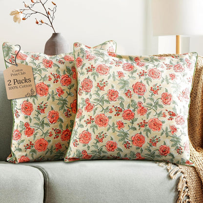 CPC 100% Cotton Throw Pillow Covers 18x18 Inch, Set of 2 Green Block Print Pattern Couch Pillow, Cute Boho Decorative Pillows for Living Room, Bedroom with Hidden Zipper- Agate Green