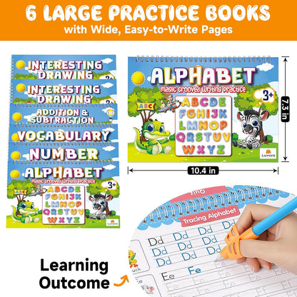 Magic Grooved Writing Practice for Kids Ages 3-8, Reusable Handwriting Practice Books Set (6 Books) with Disappearing Ink Pens, Letter/Number Tracing, Preschool & Kindergarten Learning Kit