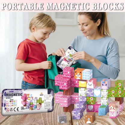 Magnetic Blocks,100 PCS Build Magnetic Santa Chimney Xmas Tree Gift World, STEM Construction Magnetic Cube for Boys Girls Age 3 4 5 6 7 8 9 10,Sensory Stacking Toy Christmas Birthday Gifts for Kids
