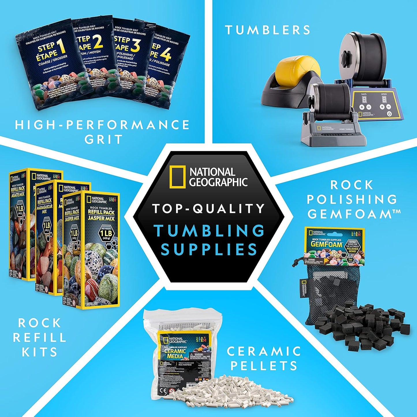NATIONAL GEOGRAPHIC Rock Tumbler Refill Kit – 1 Lb. Madagascar Rocks for Tumbling with Rose Quartz, Red Jasper, Indigo Gabbro & More - Tumbler Supplies, Rock Polishing Grit and Jewelry Accessories
