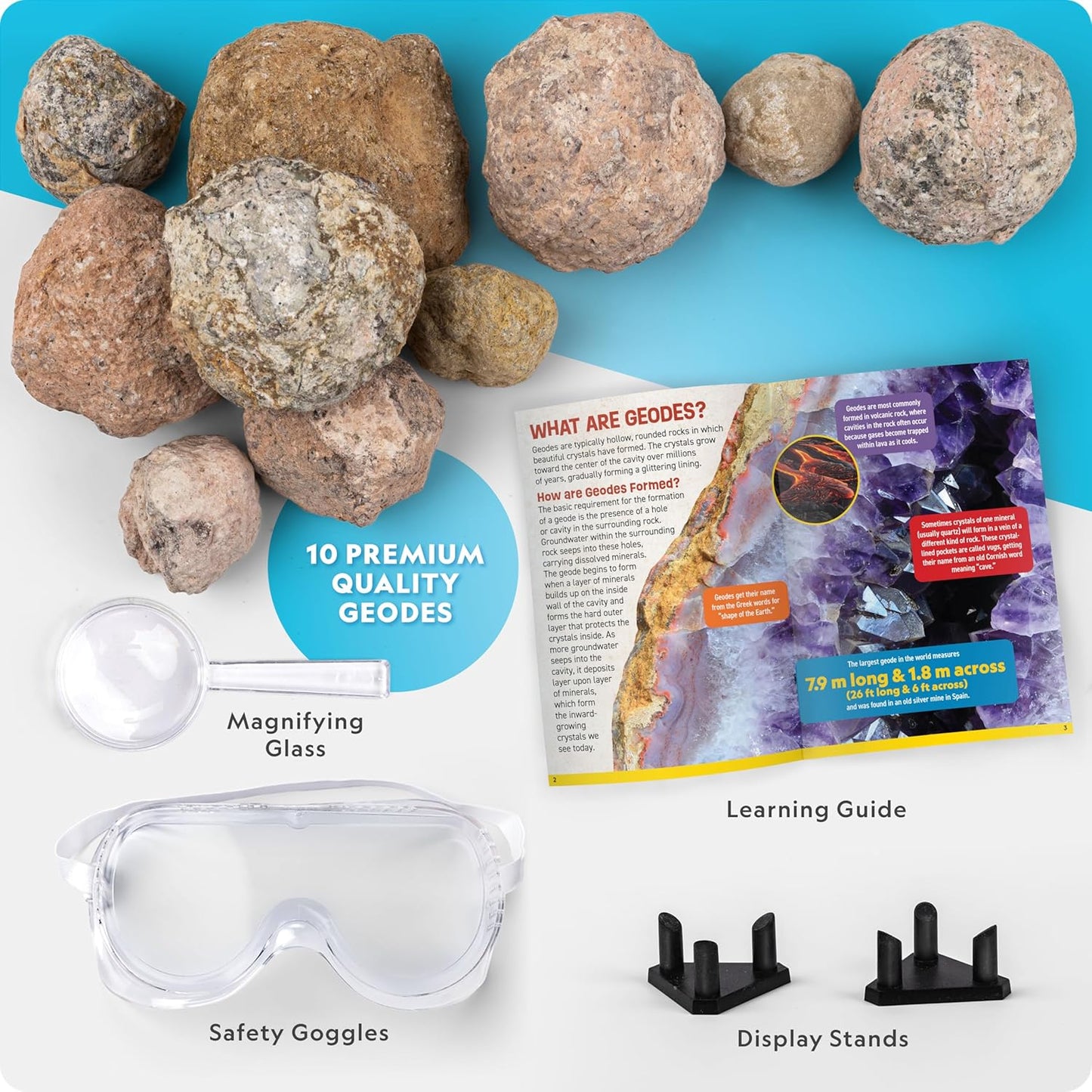 National Geographic Break Open 4 Geodes Science Kit – Includes Goggles and Display Stand - STEM Science Gift for Boys and Girls, Break Your Own Geodes with Crystals (Amazon Exclusive)