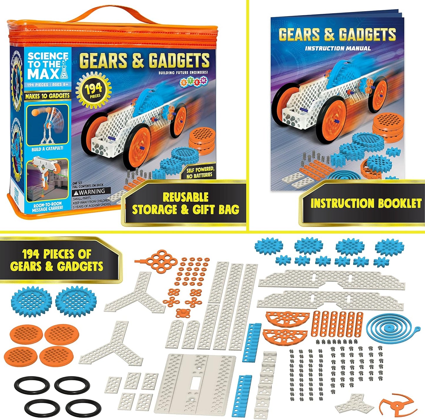 Gears & Gadgets 194pc Building Toys - Large & Small Robotic Projects - STEM Education for Kids 8-12 - Construction Kit - Engineering Activities Science