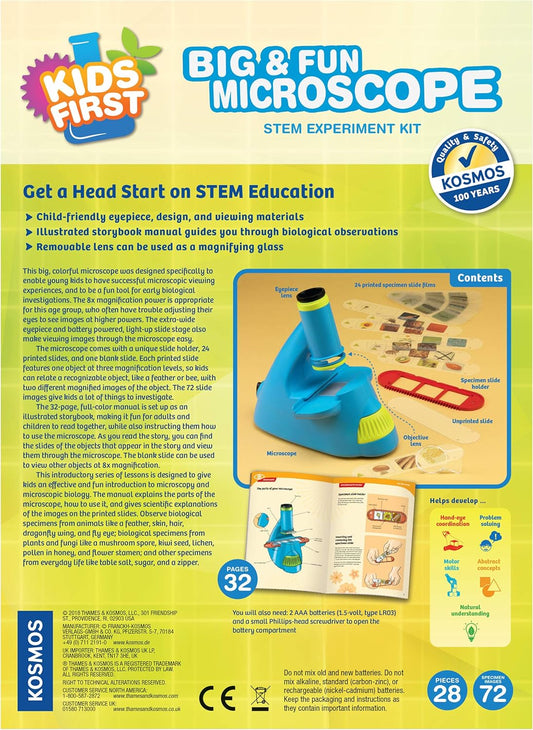 Kids First Big & Fun Microscope Science Experiment Kit | Easy-to-Use Kids Microscope | Ages 4-6 | STEM Experiment Guide and Full-Color User Manual | 72 Images | Extra-Wide Eyepiec with Light-up Stage