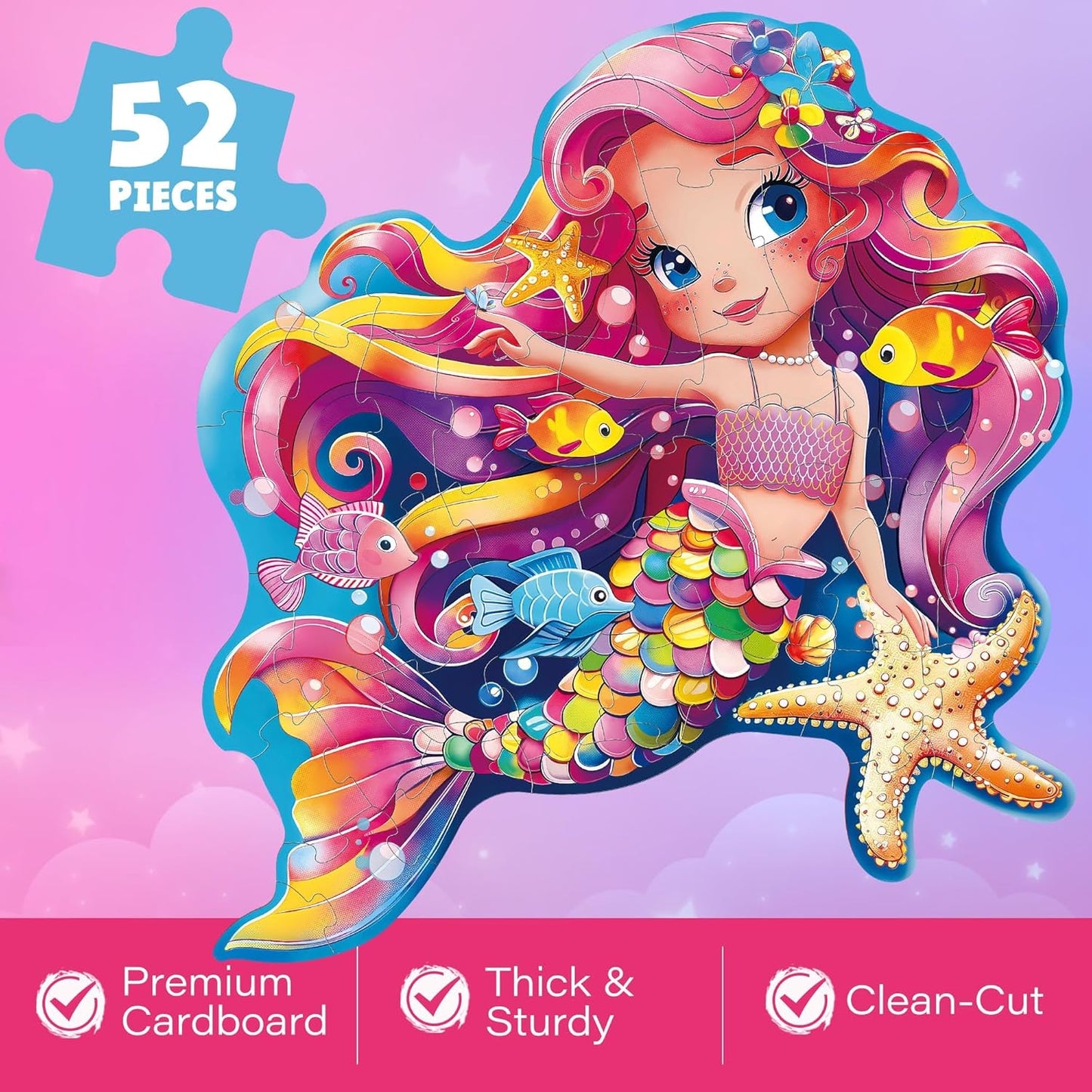 BenBen Floor Puzzles for Kids, 52 Piece Jumbo Mermaid Puzzle for Kids Ages 4-6, Large Jigsaw Puzzle for Toddlers 3-5, Mermaid Toys Birthday Gift for Girls Boys