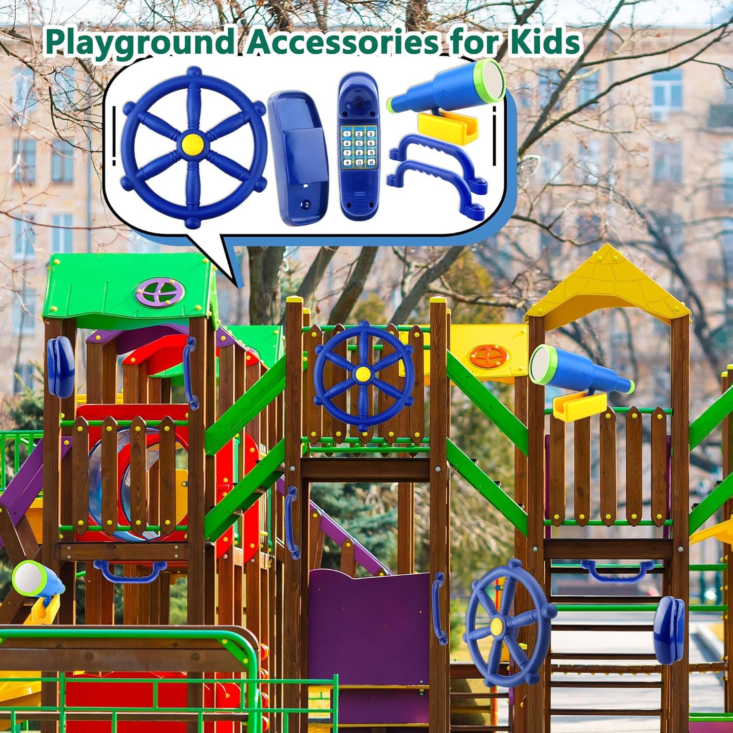 5 Pcs Kids Playground Accessories for Kids Outdoor Plastic Steering Wheel Swingset Phone Pirate Telescope Telephone Safety Handle for Child Backyard Tree House Playhouse Jungle Gym (Yellow Set 1)