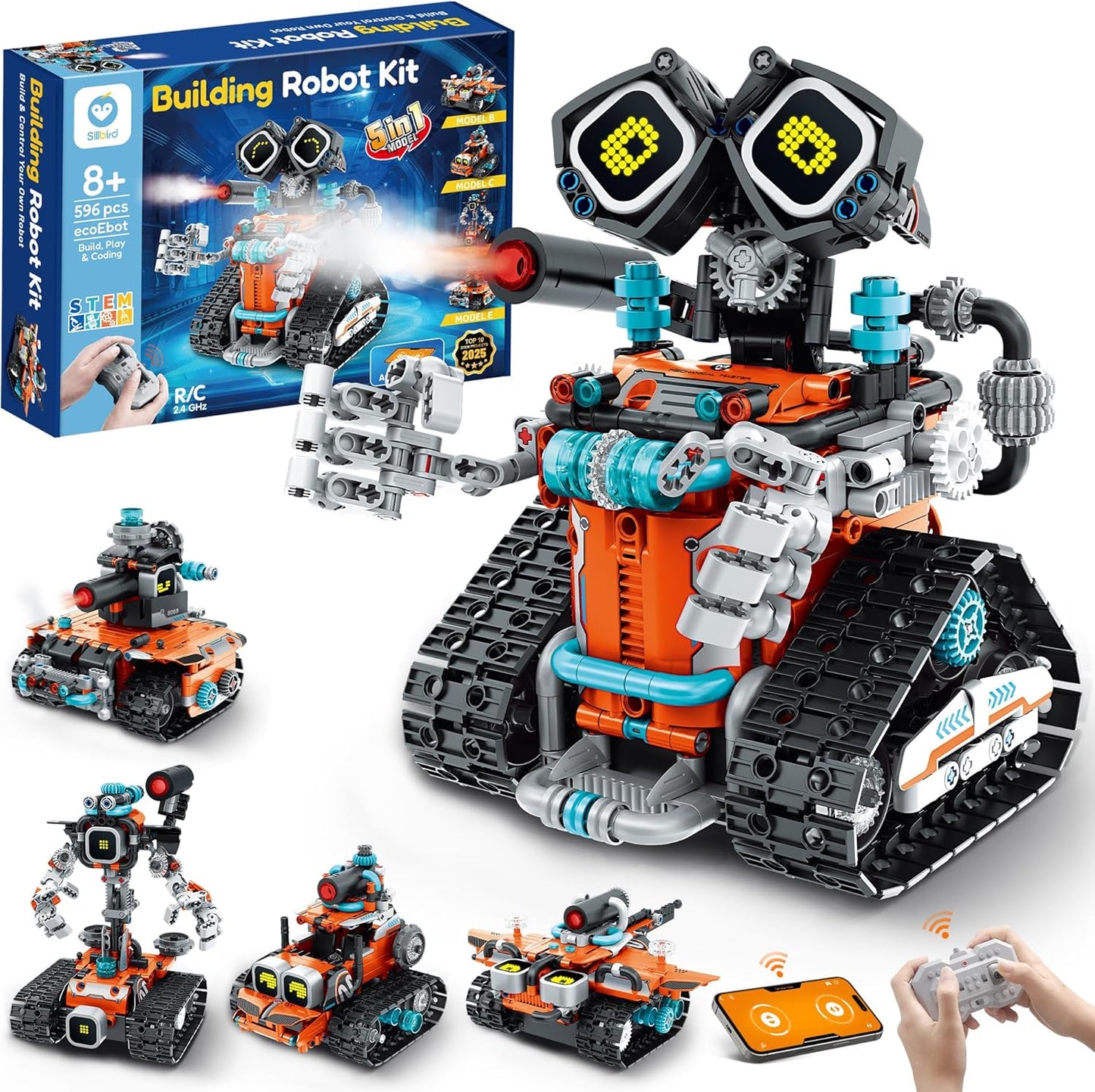 Sillbird Robot Building STEM Kit with Remote Control for Boys Ages 8-14, Technic Coding Gifts for Kids Birthday, Buildable 5in1 Robotics Toy with 596 Pieces