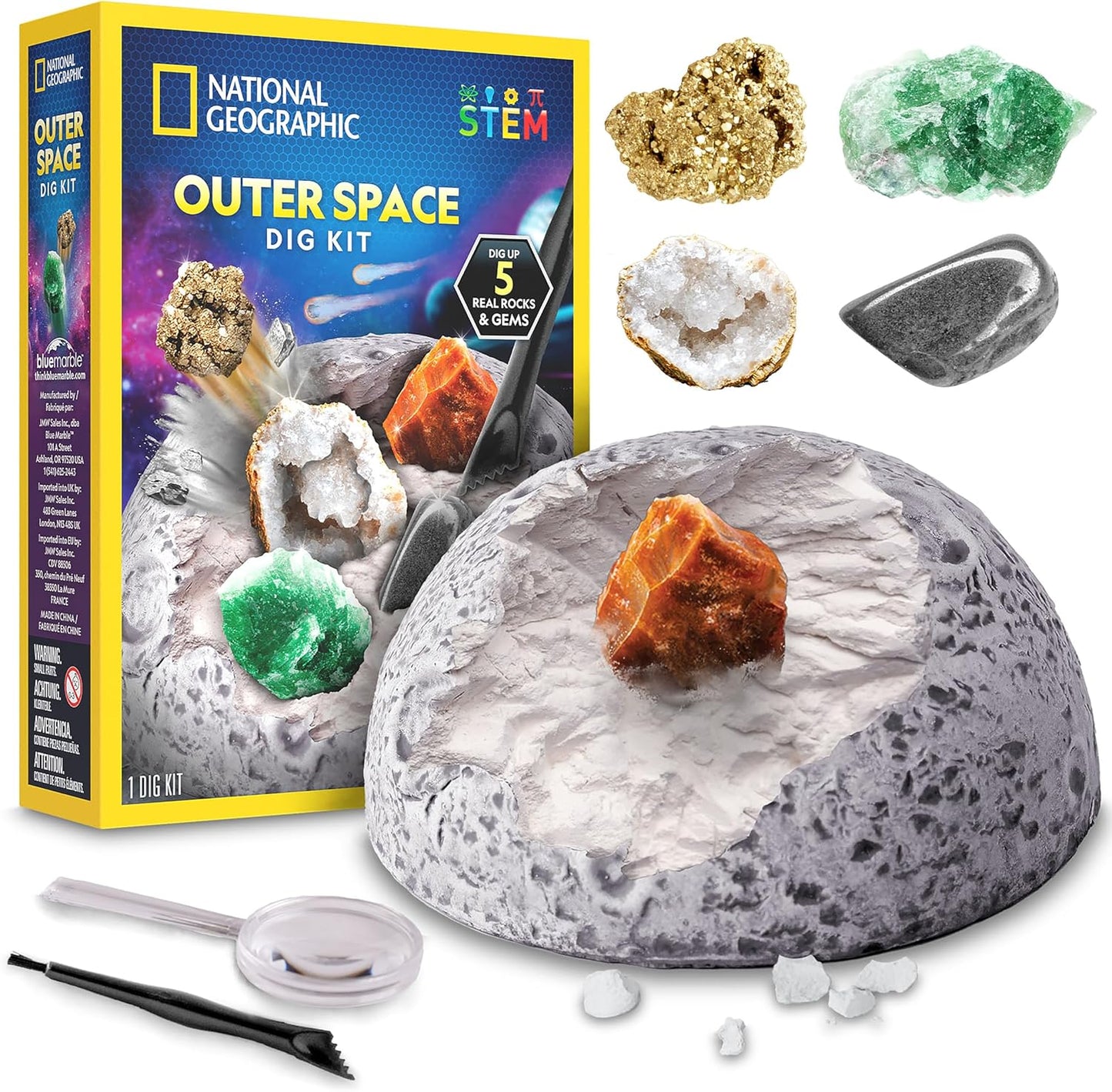 National Geographic Outer Space Dig Kit – Excavate 5 Real Rock & Gemstone Specimens | Includes Dig Brick, Excavation Tools, Magnifying Glass & Learning Guide, Fun Space-Themed STEM Activity for Kids