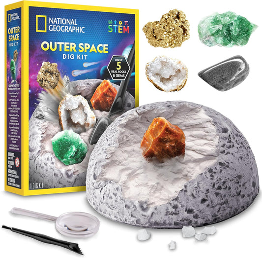 National Geographic Outer Space Dig Kit – Excavate 5 Real Rock & Gemstone Specimens | Includes Dig Brick, Excavation Tools, Magnifying Glass & Learning Guide, Fun Space-Themed STEM Activity for Kids