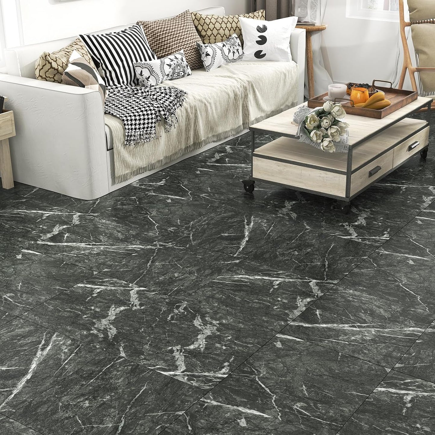 Wallercity White Marble Peel and Stick Vinyl Floor Tiles 6-Pack 12x12 Inches Self Adhesive Waterproof Flooring Planks for Bathroom Kitchen Bedrooms Stick on Floor Tiles Laminate Sheets Vinyl Flooring