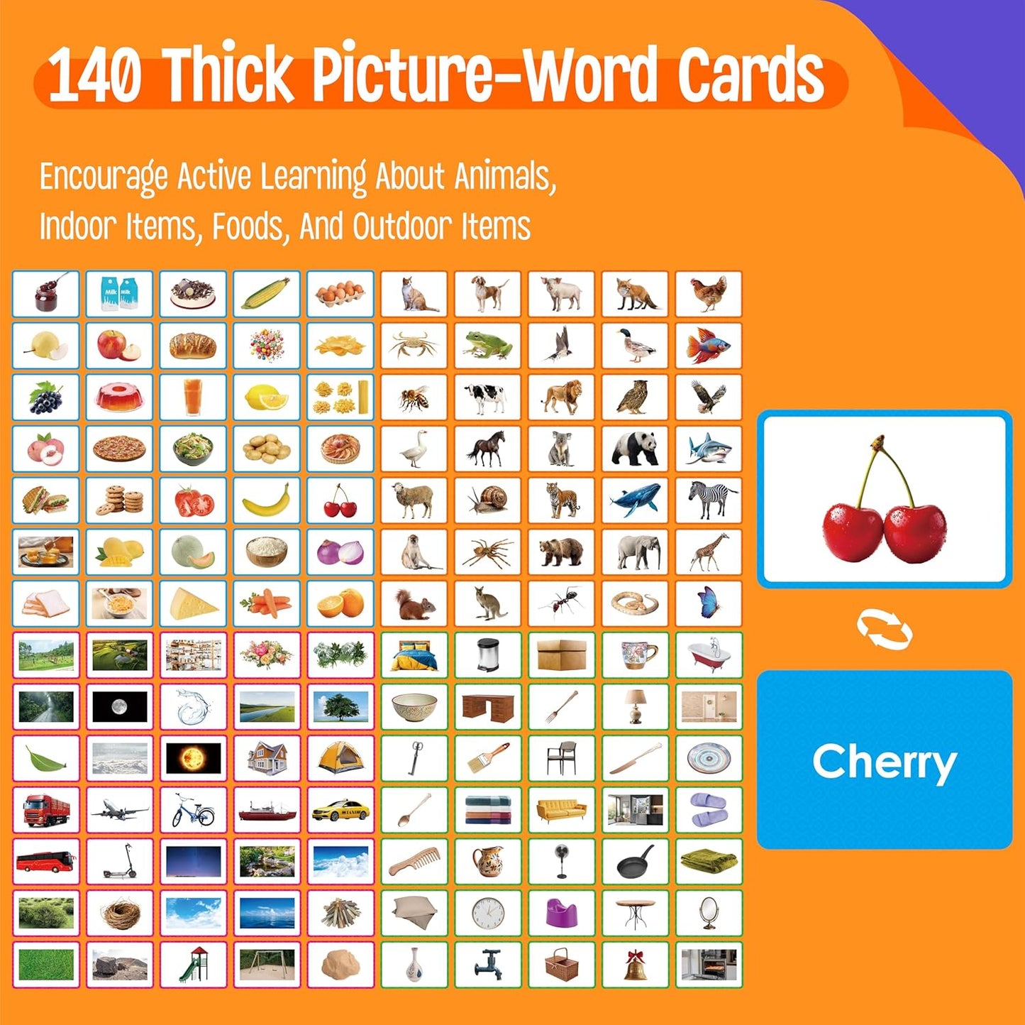 140 Noun Picture-Word Cards, Picture Flashcards Language Builder Visual Aid Speech Development Tool for Autism, ESL Teaching Material Non-Verbal Vocabulary Builder for Children, Kids, Adults (Level 2)