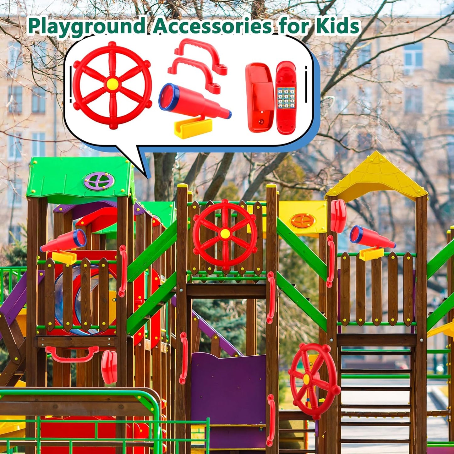 5 Pcs Kids Playground Accessories for Kids Outdoor Plastic Steering Wheel Swingset Phone Pirate Telescope Telephone Safety Handle for Child Backyard Tree House Playhouse Jungle Gym (Yellow Set 1)