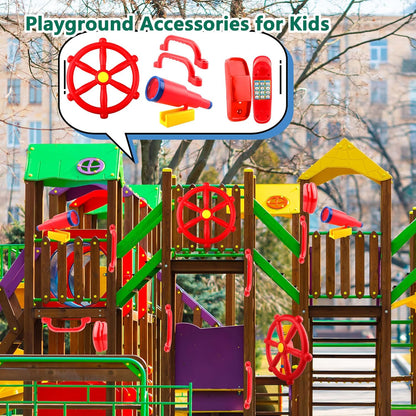 5 Pcs Kids Playground Accessories for Kids Outdoor Plastic Steering Wheel Swingset Phone Pirate Telescope Telephone Safety Handle for Child Backyard Tree House Playhouse Jungle Gym (Yellow Set 1)