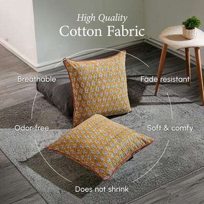 CPC 100% Cotton Throw Pillow Covers 18x18 Inch, Set of 2 Green Block Print Pattern Couch Pillow, Cute Boho Decorative Pillows for Living Room, Bedroom with Hidden Zipper- Agate Green