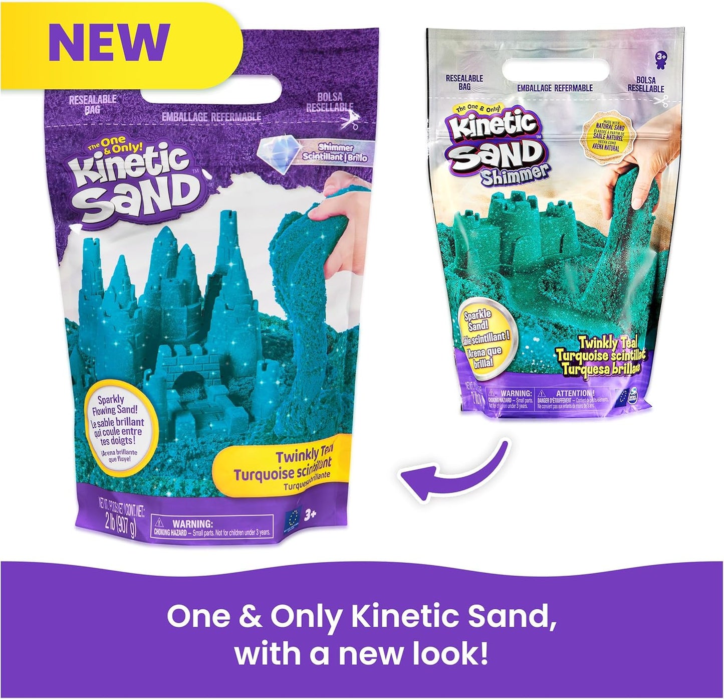 Kinetic Sand, Twinkly Teal 2lb Bag of All-Natural Shimmering Play Sand for Squishing, Mixing and Molding, Sensory Toys for Kids Ages 3 and up