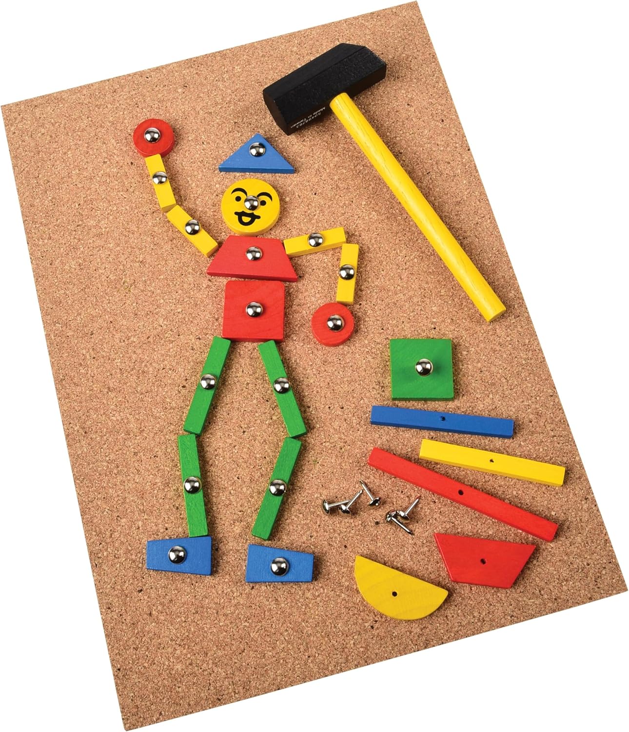Hammer & Nail Design Kit – Montessori STEM Engineering & Geometry Building Set with 60 Wooden Tiles, Tacks, Hammer & Reusable Cork Board